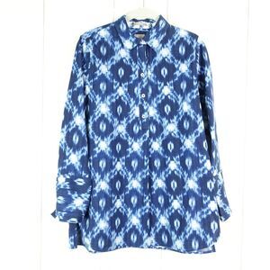 Chicos Long Sleeved Tunic Top Womens Size 0 U.S. 4/6 White w/ Blue Batik Print